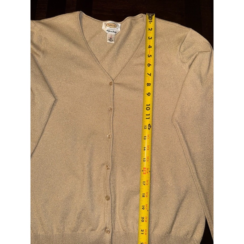 Talbots Made in Italy XL Gold Shimmer Wool Cardigan Holiday Metallic Sweater NYE - Picture 5 of 10